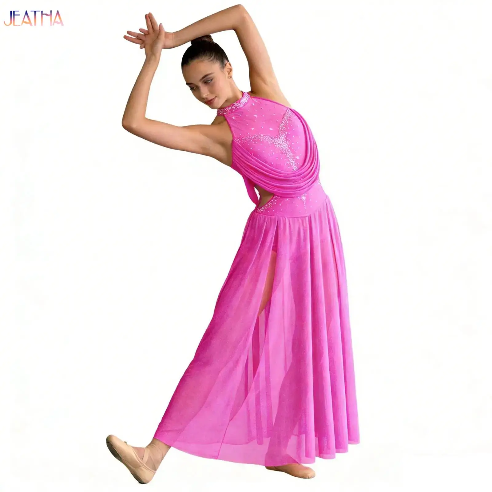 

Женское современное платье для лирического танца без рукавов с боковым разрезом, украшенное стразами, балетное платье-леотард для выступлений, одежда для современного танца