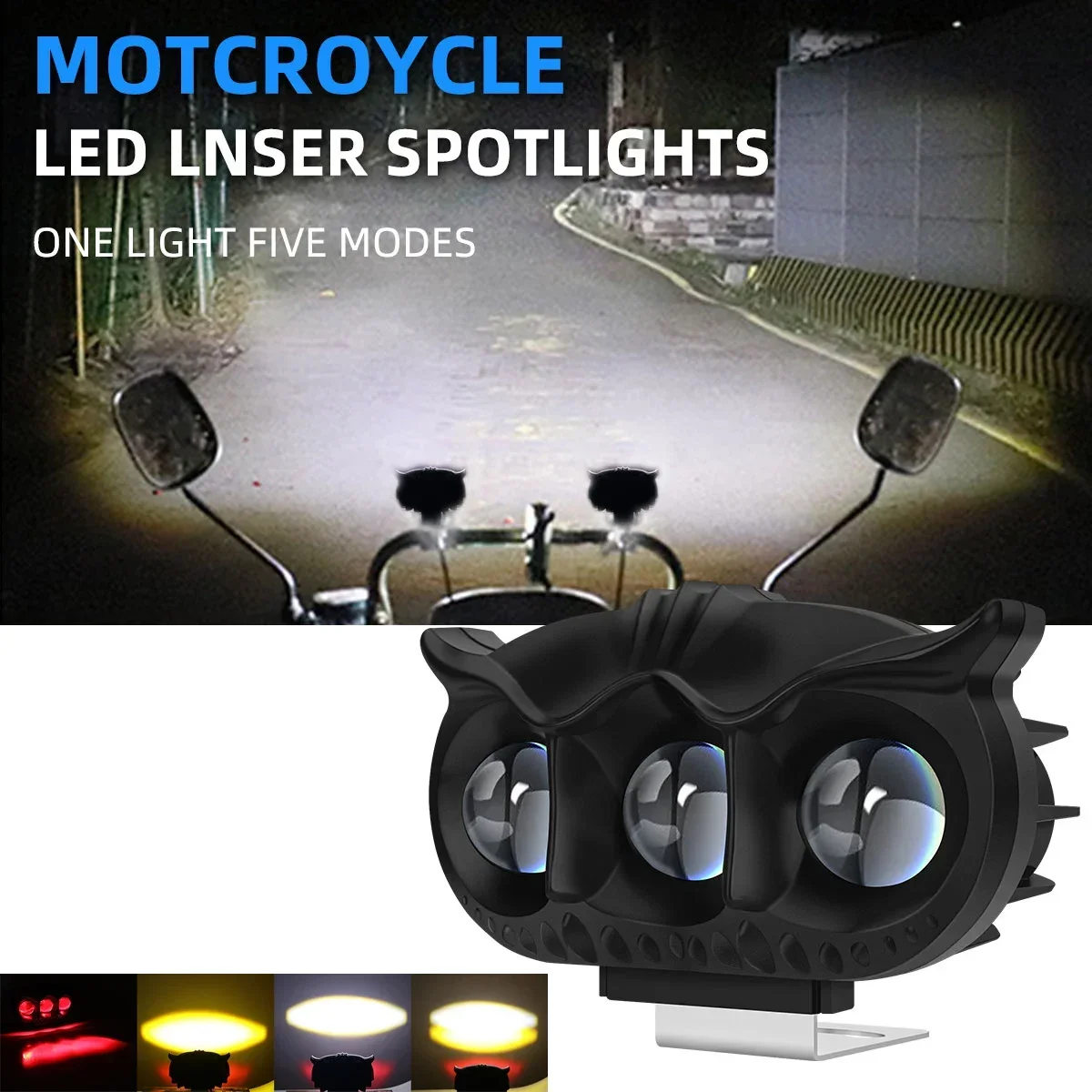 1pcs Motorcycle Headlight LED Spot Light Owl Shape 3 Light 5 Modes Three Colors Strobe Fog Light Motorbike Running Lamp