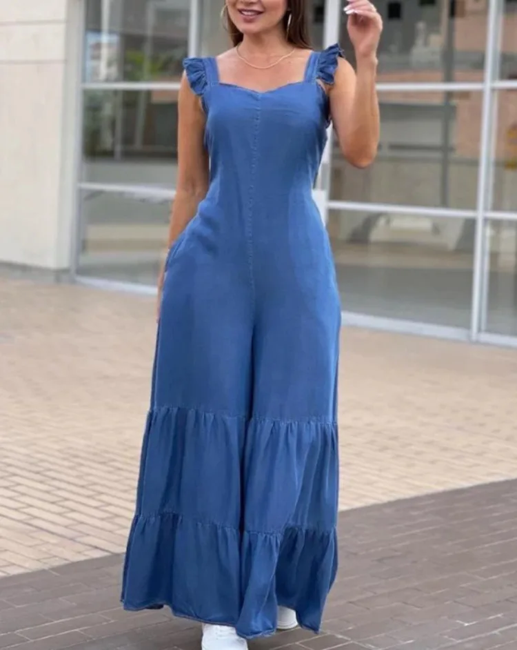 

Jumpsuits Women Denim One Piece Flare Pants Backless Sleeveless Suspender Trousers Boot Cut Overalls 2025 Summer Streetwear