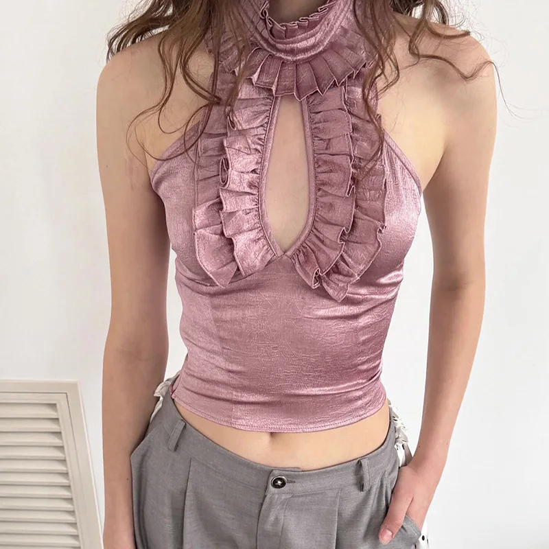 

American Style Lace Hollow Sleeveless Stand-up Collar Short Top and Vest for Women