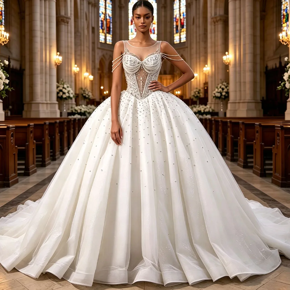 Charming O Neck Off Shoulder Lace Up Back Crystal Customizable Wedding Dress
