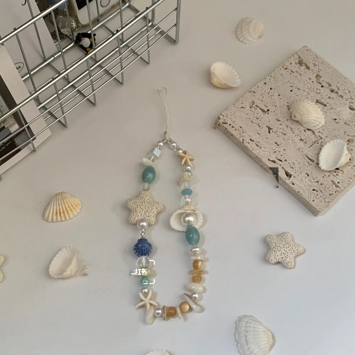 Sea Breeze, Stars, Pearls, Seashells, Phone Case Chains with CCD Camera Accessories, Polaroid DIY Bracelets, Blue