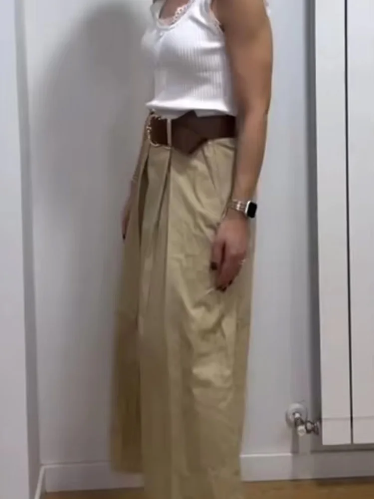 HH 2026 Women Fashion Loose Pleated Belt Decoration Solid Wide Leg Pants Female Casual Side Zipper Street Style Pants Mujer