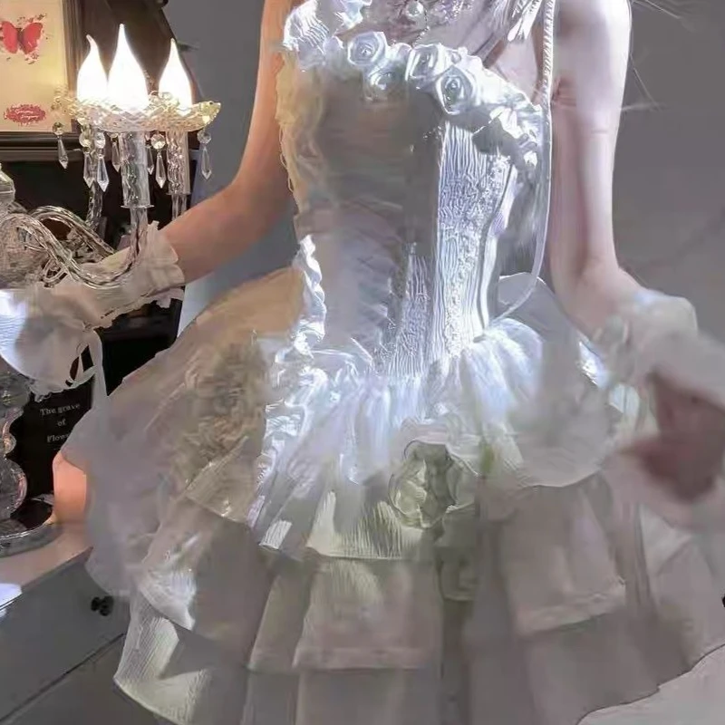 فستان على الطراز الفيكتوري لوليتا الحلو للنساء على الطراز القوطي Y2k الكشكشة زهرة الورد فساتين الأميرة النحيفة على الموضة اليابانية فستان قصير للحفلات