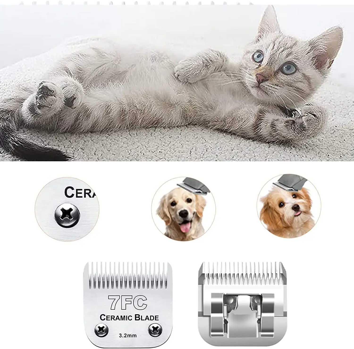 7FC Detachable Pet Dog Clipper Blade Set Compatible With For Most Andis, Oster A5 , Wahl KMClippers，Ceramic &Carbon Steel Blade