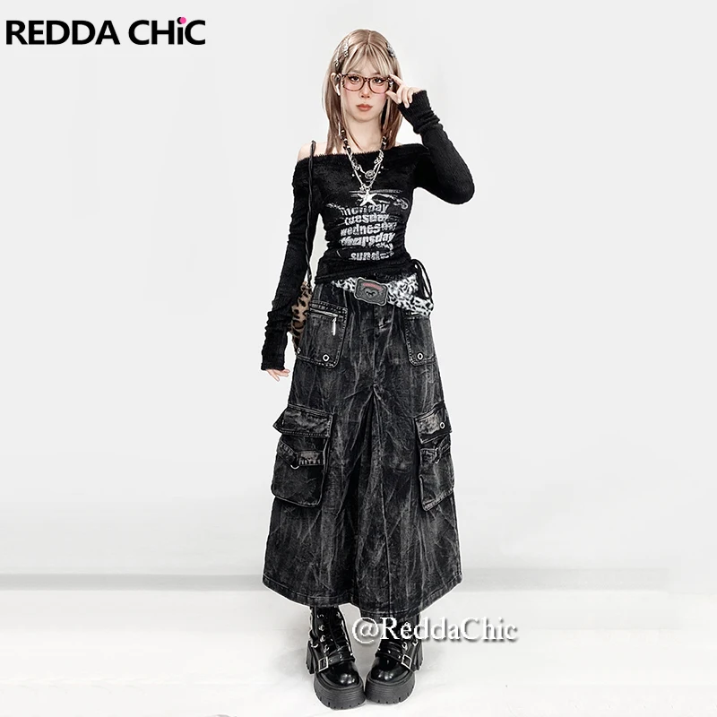 ReddaChic Eyelets Pocket Cargo Jeans Skirt Women Midi Long Do old Tie Dye Pleat A-line High Waist Denim Skirt Grunge Streetwear