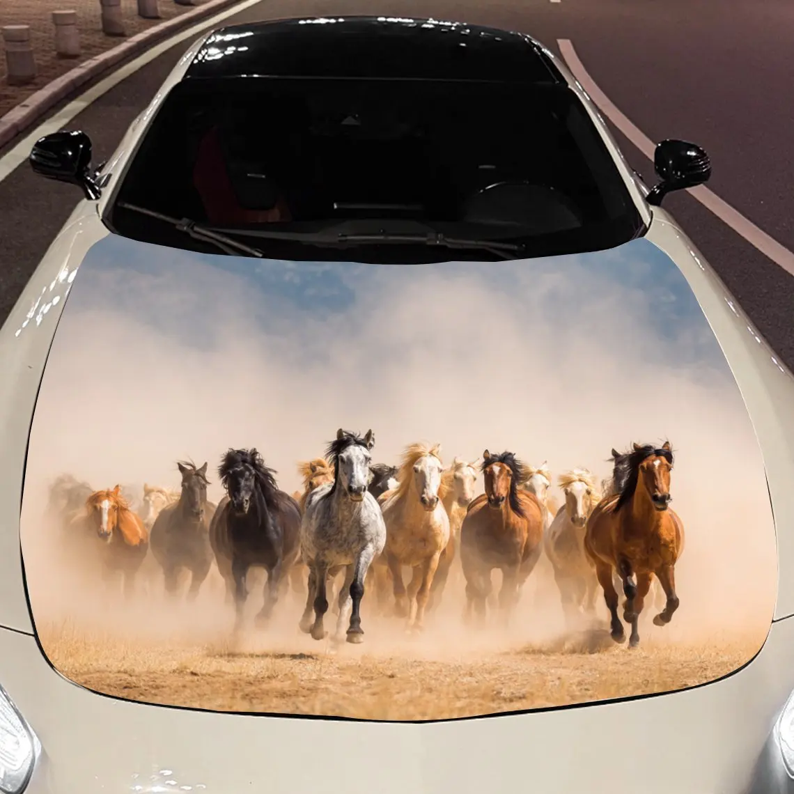 Car Decals Herd of Horses Galloping in Dust Car Hood Sticker, Waterproof Self - Adhesive Vinyl Graphics Decals, Decorative Prote