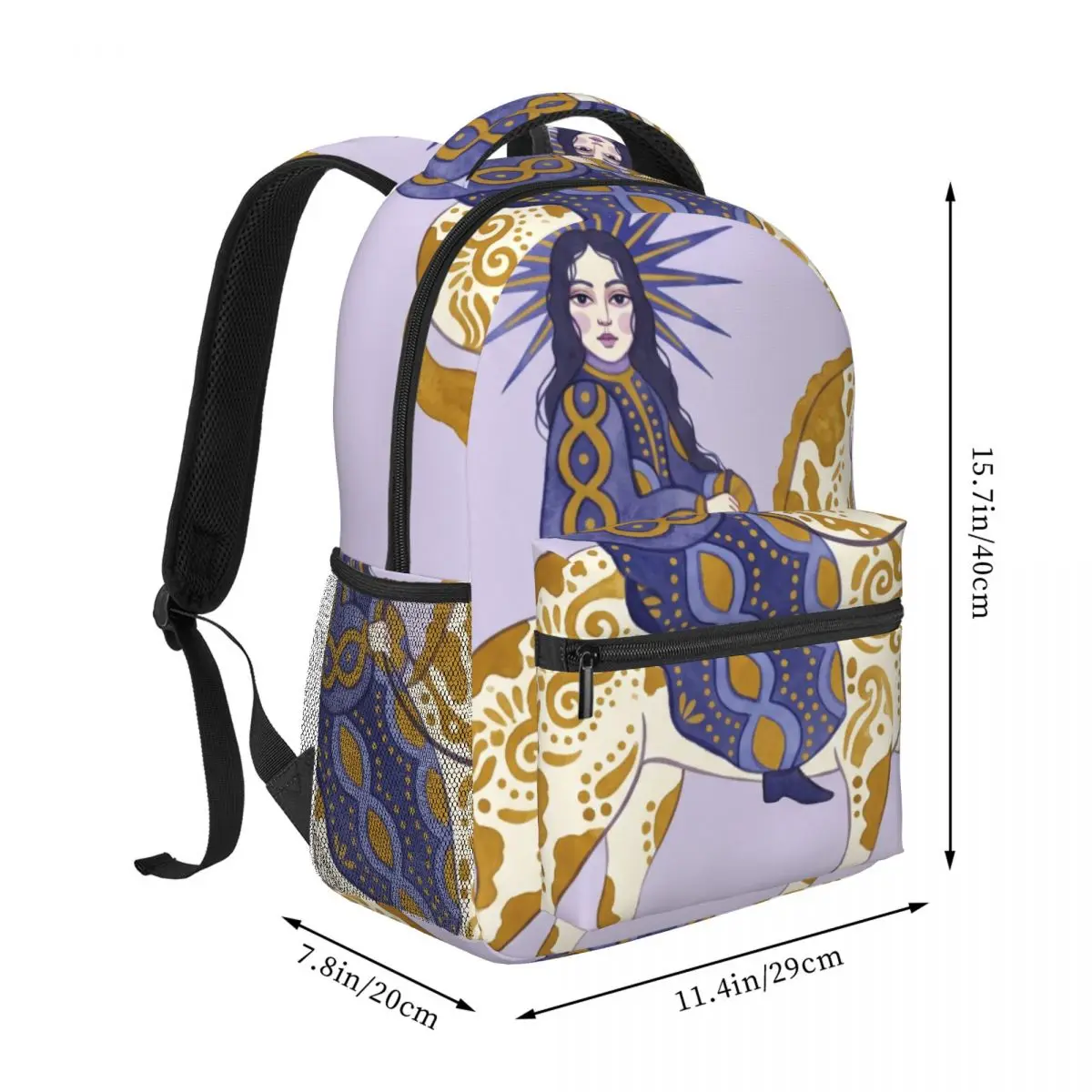 Pastel Purple School Backpack Center Mythical Woman Folk Art Lilac Mustard Indigo Purple Daypack for School Daily Birthday Gift