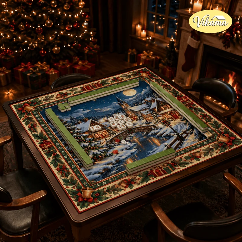 VIKAMA Christmas Mahjong Table Mat, Non-Slip Square Tablecloth with Christmas Night Scene, Snowman Reindeer, Festive Home Decor