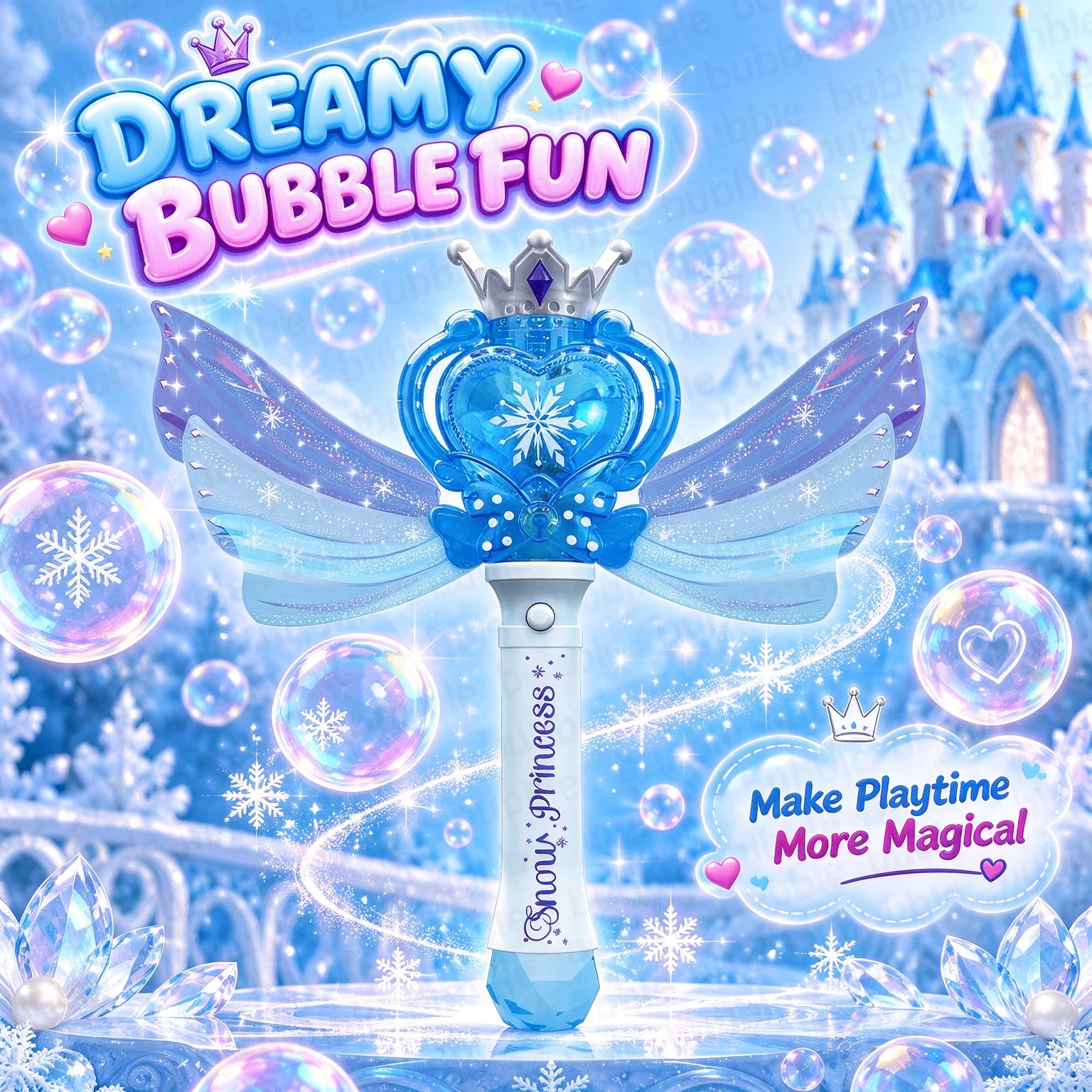Crowned Heart Bubble Wand, Snowflake Center and Bow Detail, Girls Dress Up Toy, Batteries and Bubble Solution Not Included