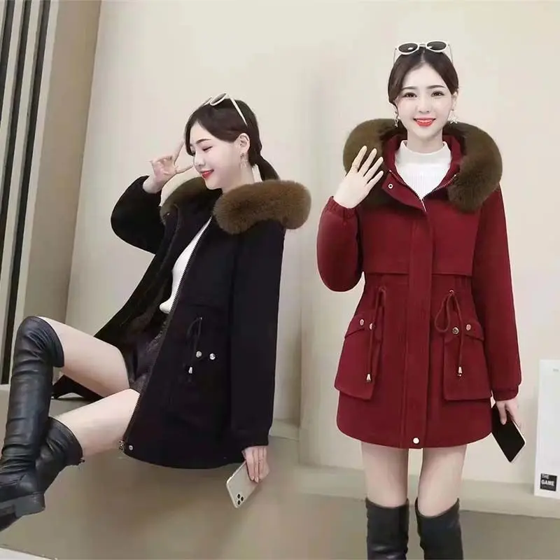 2023 New Women Cotton Coat Winter Jacket Female Plush Thick Parkas Mid Length Version Outwear Artificial Fur Collar Overcoat