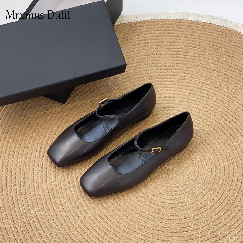 Mrxmus dutit Autumn New 2024 Women Round Head Solid Genuine Leather Flat Shoes Vintage Versatile Mary Jane Shoes Female Chic