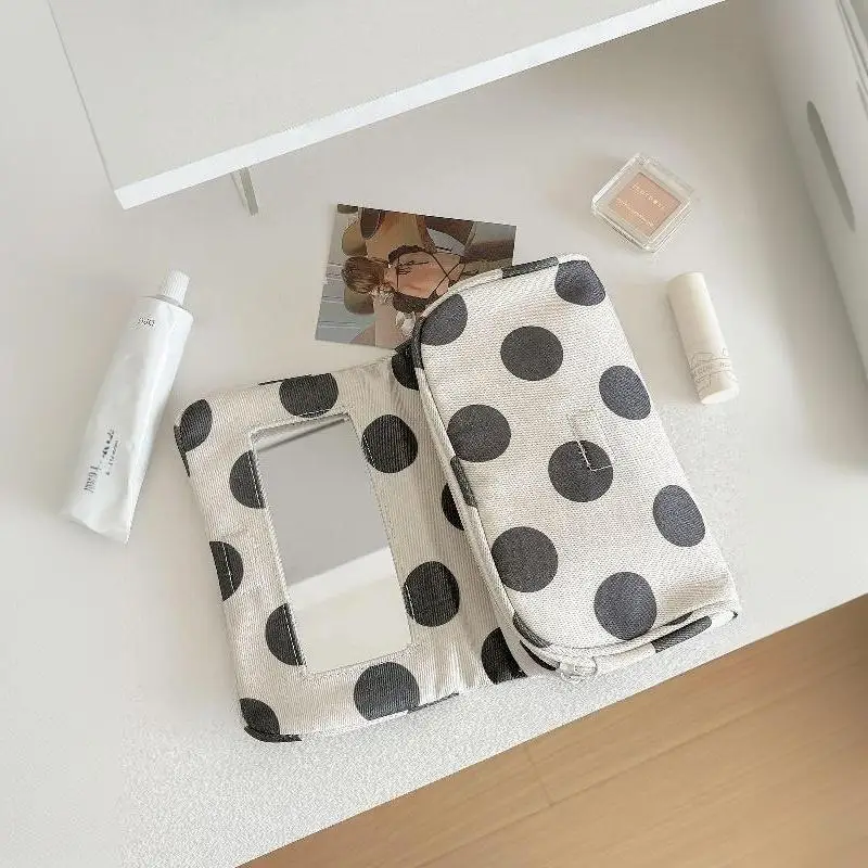 Große Kosmetiktasche mit Polka-Dots und eingebautem Spiegel, tragbare, faltbare Reißverschluss-Make-up-Tasche, Reise-Schönheits-Aufbewahrungs-Organizer für Frauen – Detail 12