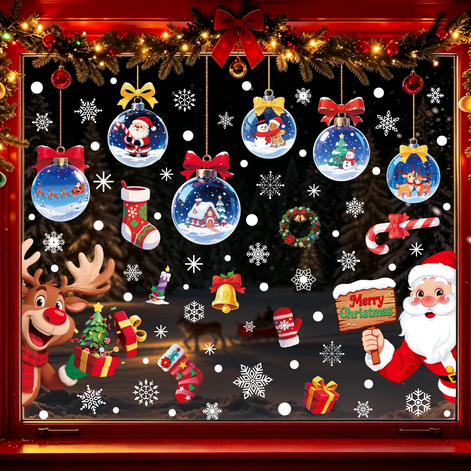 Christmas Static Glass Stickers, Dreamy Bauble Elk Santa Claus Creative Snowflake Window Clings for Xmas Home Decoration