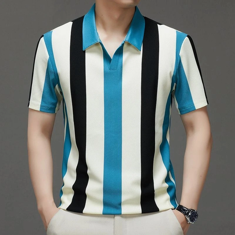 

Short-sleeved Half-sleeved Polo Shirt Summer New Men's Versatile Contrasting Color V-neck Striped Top