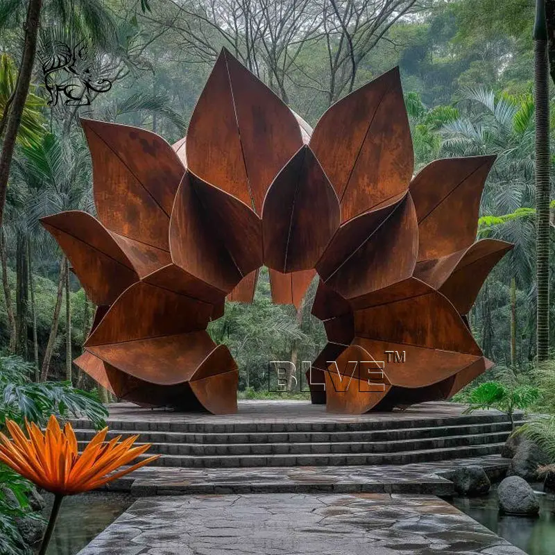 BLVE Large Outdoor Square Decor Modern Abstract Metal Art Rust Color Corten Steel Tree Sculpture