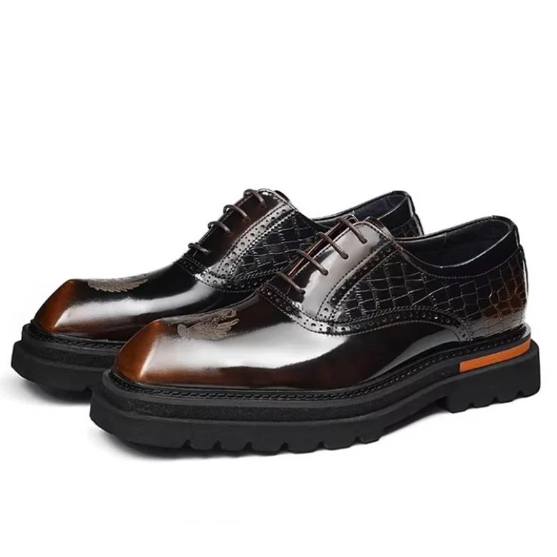 First-layer Cowhide Anti-slip Thick-soled Men Leather Dress shoes Square-toe Lace-up Business Formal Wedding Shoes Derby Shoes