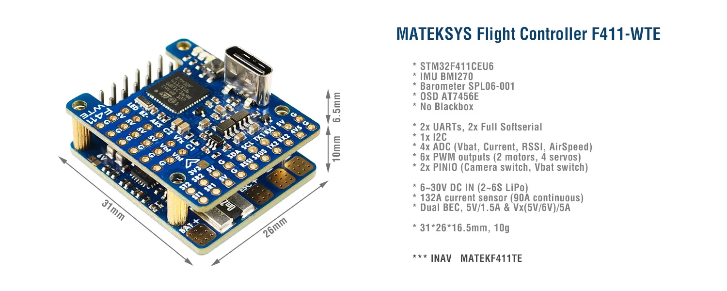 Matek F411-WTE Vlucht Controller F411 Wte Osd 2 ~ 6S Inav Barometer Voor Racing Drone Flywing Vliegtuig