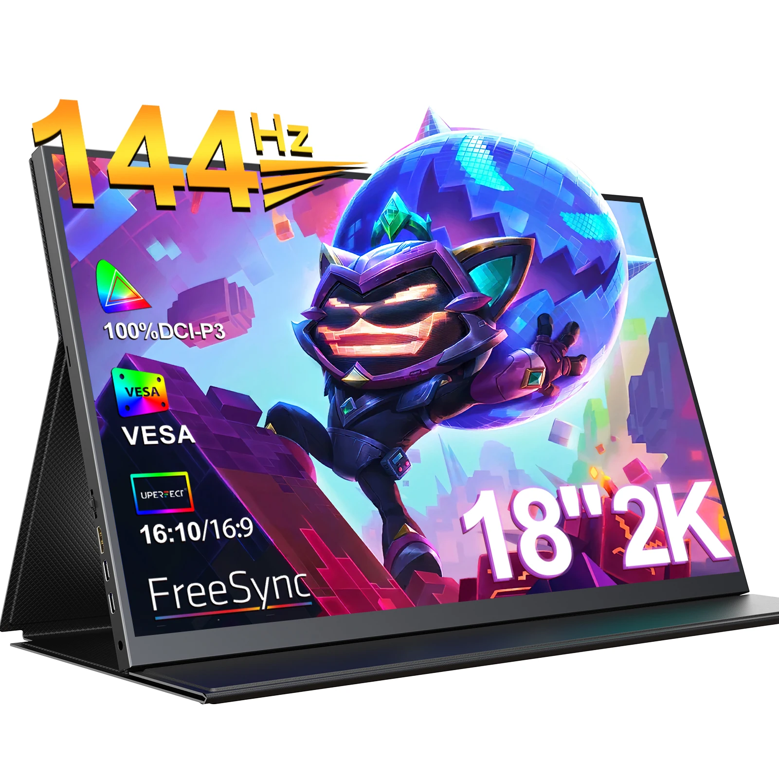 UPERFECT Tragbarer Monitor 18 Zoll 2,5 K 100 % DCI-P3 144 Hz Gaming-Display IPS-LCD-Panel Matter mobiler Bildschirm FreeSync HDR mit VESA