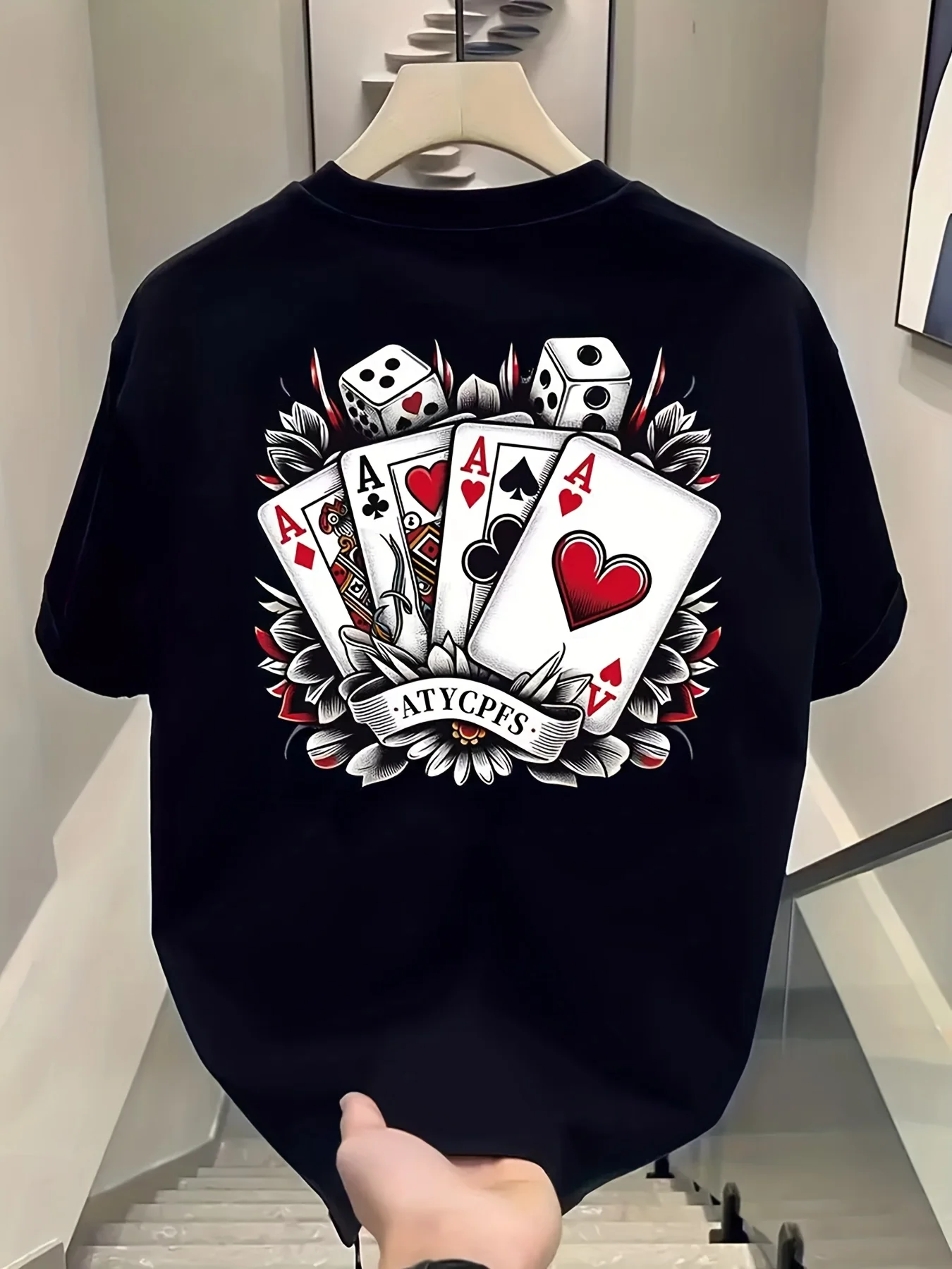 Camiseta masculina de algodão casual manga curta verão estampa gráfica com ace of spades floral ajuste em torno do pescoço preto respirável topos