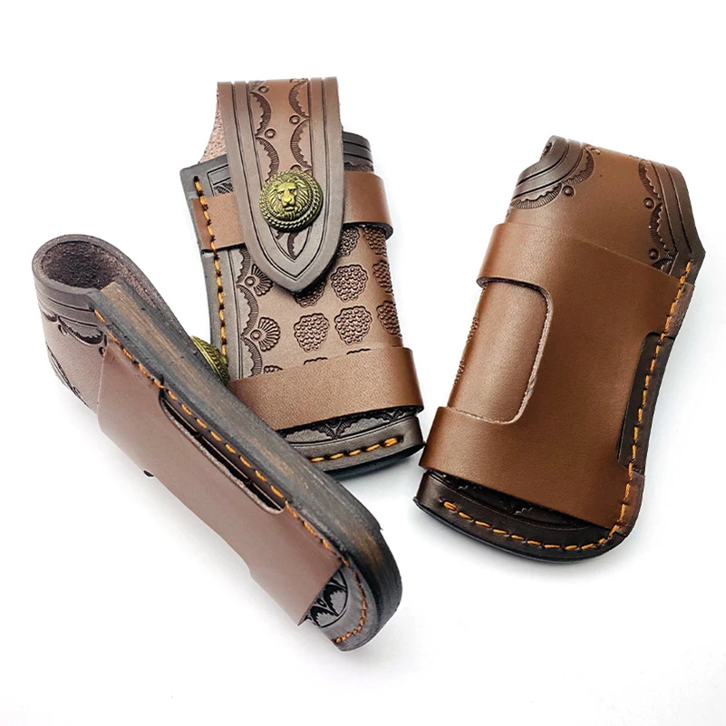 1pc Cowhide Leather Folding Knife Scabbard Sheath With Lion Brass Buckle Swiss Army Knives Pliers Tool Storage Bag Case Holder