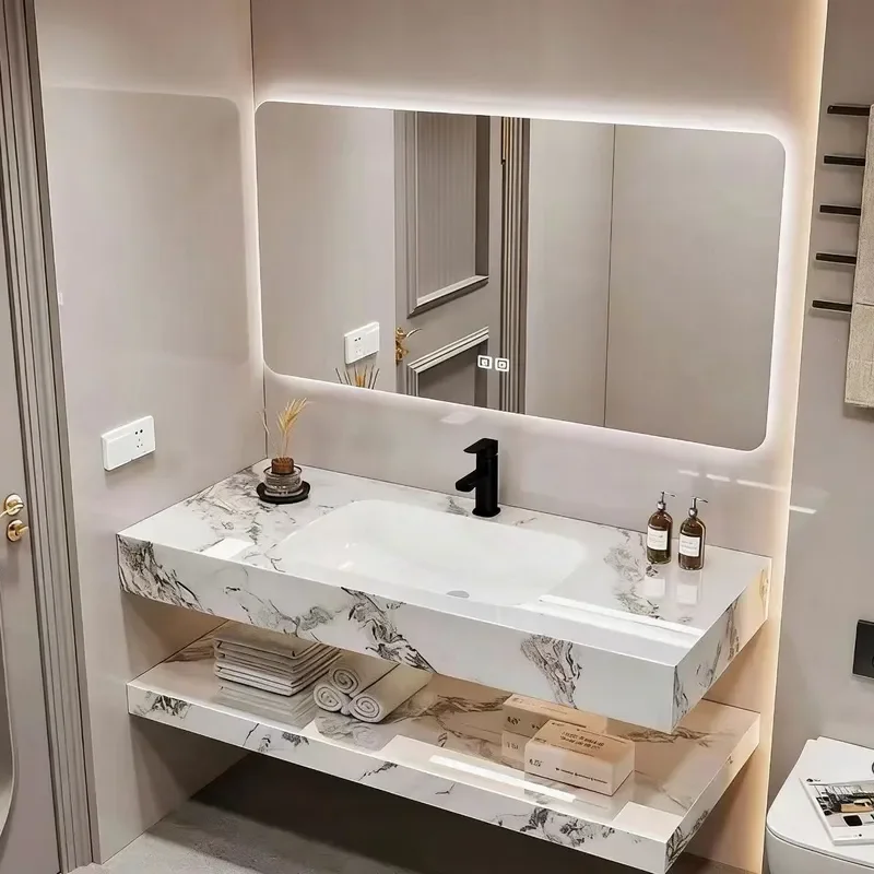 Double Layer Sintered Stone Seamless Integrated Ceramic Basin Bathroom Vanity Cabinet for Hotel Home Washstand