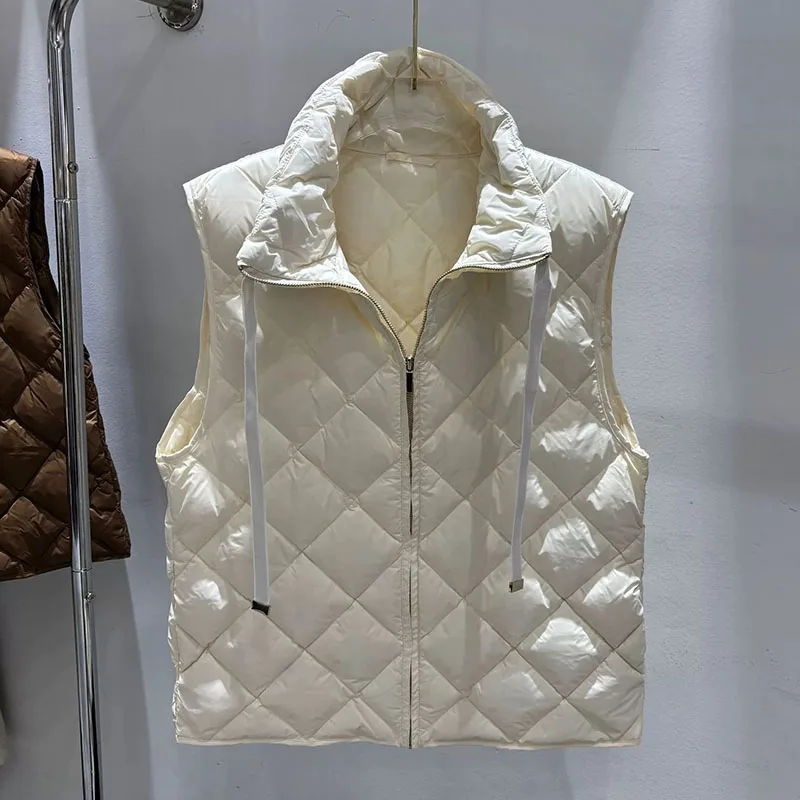 Schinteon Women 90% White Duck Down Vest Casual Sleeveless Jacket Stand Collar Argyle Simple Fashionable Autumn Winter Top New