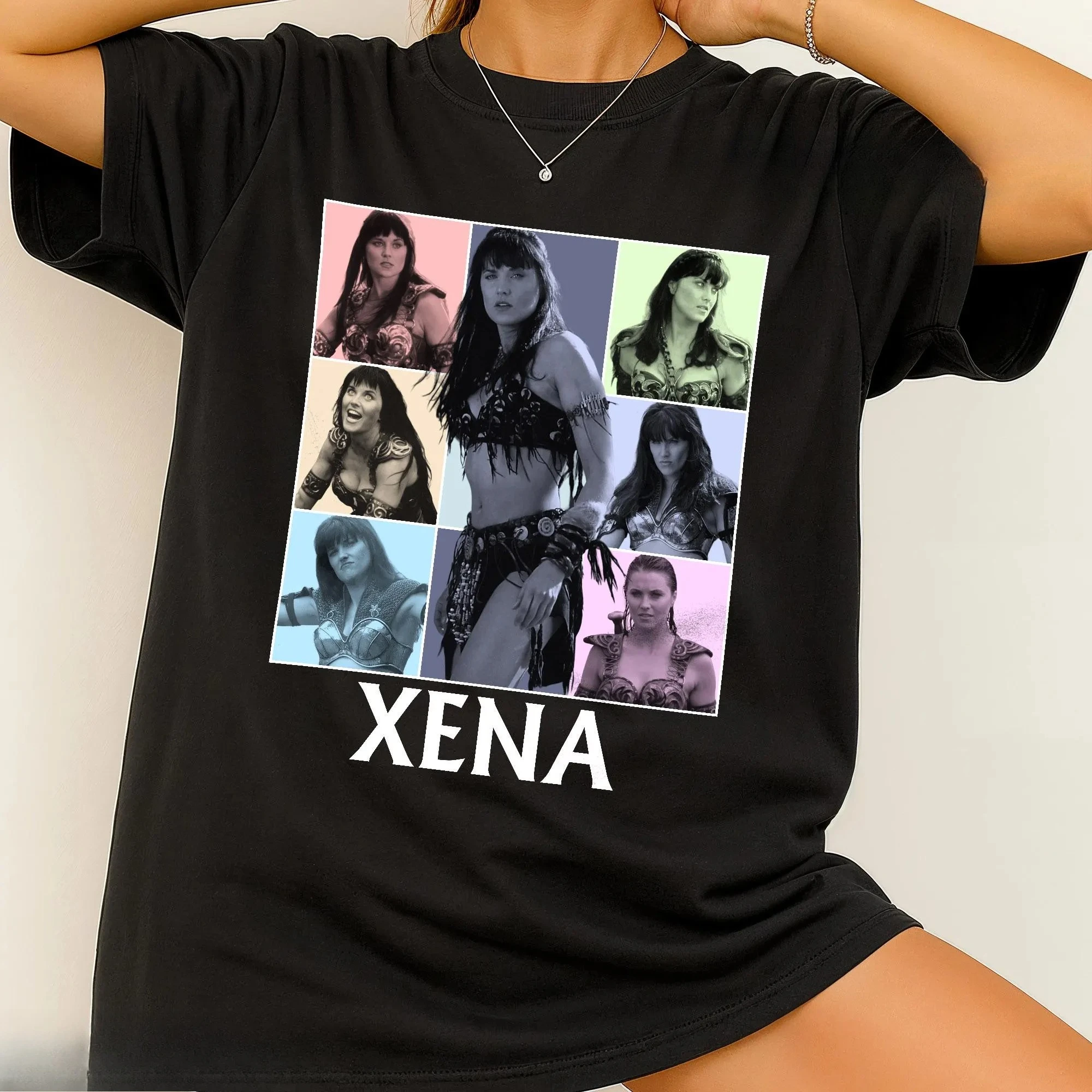 Camiseta estampada Xena para mujer, tendencia de moda de primavera y verano, top de algodón puro, camiseta de manga corta con cuello redondo neutro
