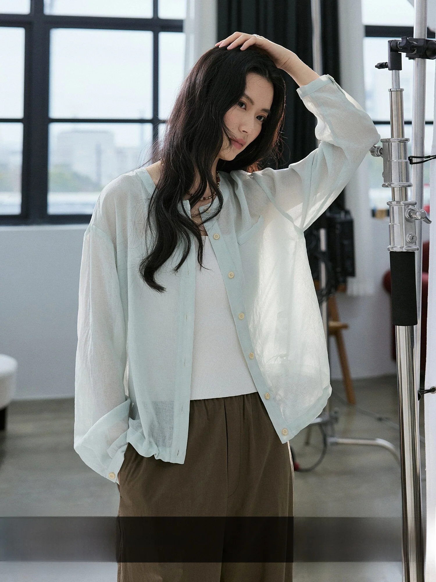 

Lightweight Loose Long Sleeve round Neck Drawstring Shirt Women's Summer New Style Air Conditioned Room Cardigan Polyester Fiber