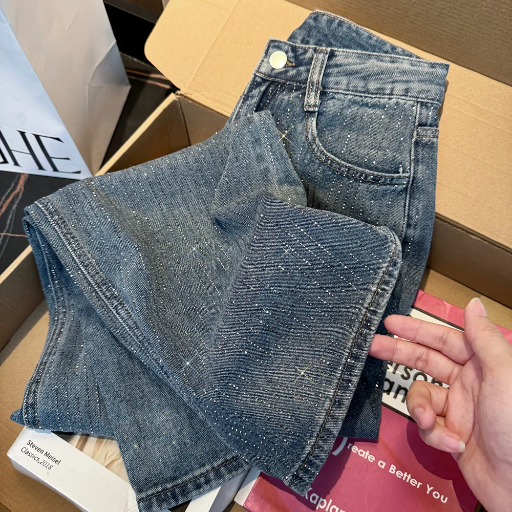 

Wide Leg Jeans Women Vintage Jean Full Length Washed Denim Trousers Straight Pant Diamonds Pockets Loose High Waist Spring