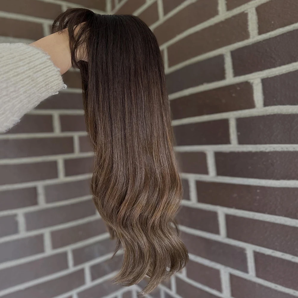 Loose Wave Synthetic Wig Ombre Brown Chocolate Highlight Natural Looking Hair Wig with Bangs Heat Resistant for Women HD Lace