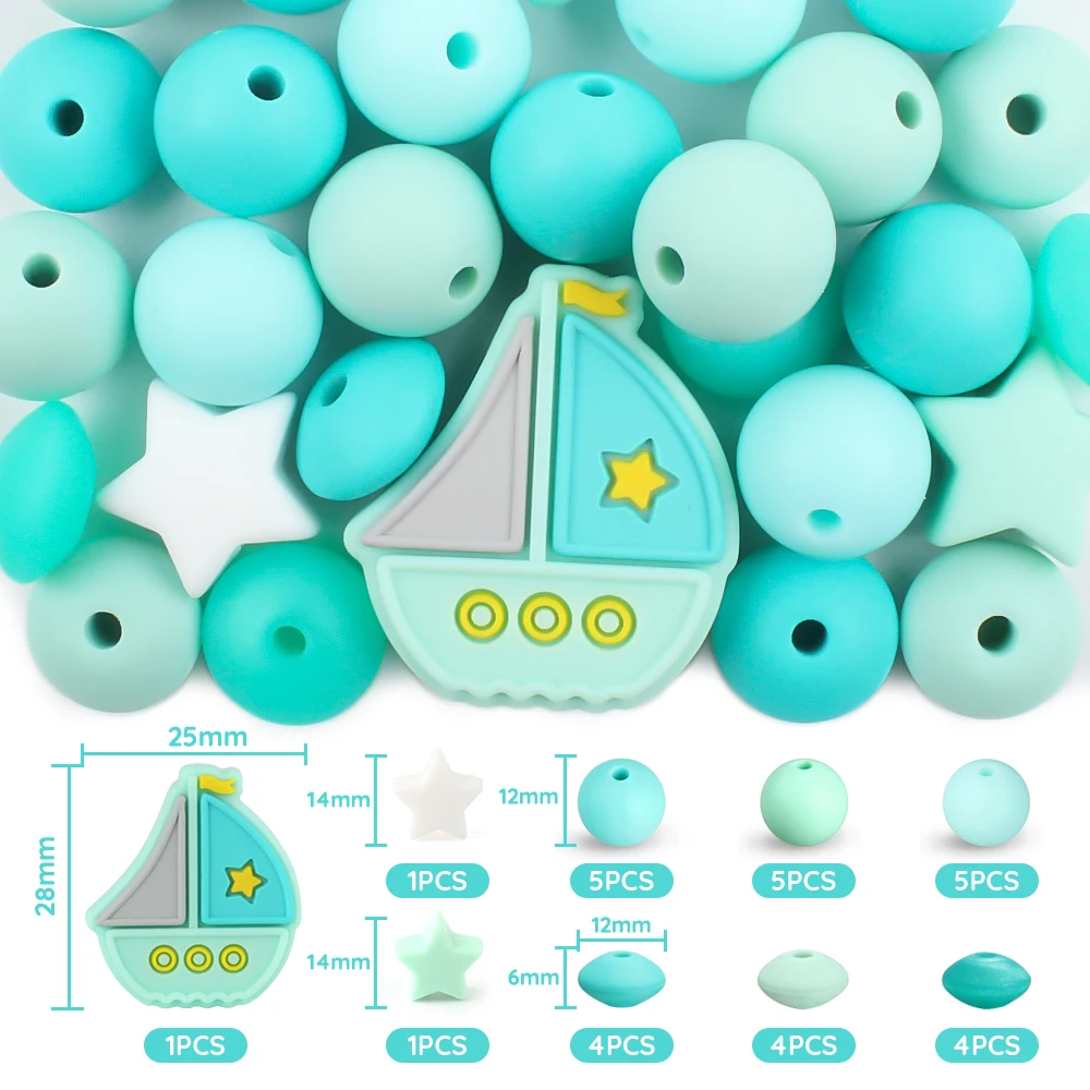 30Pcs/Set Silicone Beads Sailboats Star Round Focal Beads Set DIY Jewelry Set Bracelet Keychain Accessories For Jewelry Making