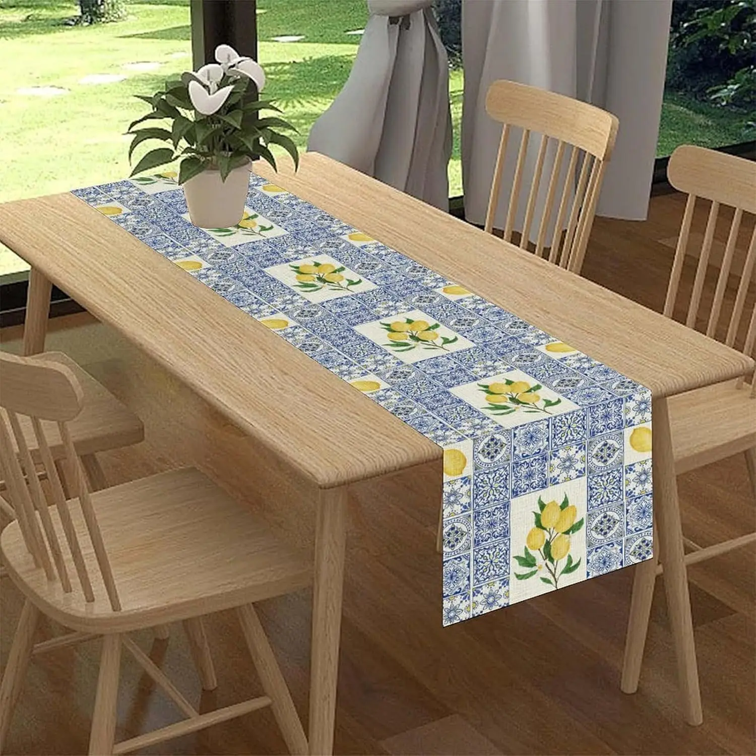 Blue Lemon Fruit Italian Tiles Linen Table Runner Dresser Scarve Decor Farmhouse Kitchen Dining Table Runner Holiday Party Decor
