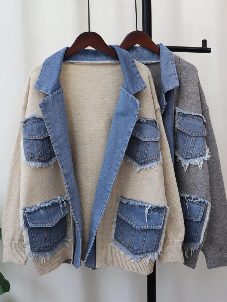 Fashion Commuter Denim Stitching Coat Women\'s 2023 Autumn Winter New Loose Casual Knitted Cardigan Multi-Pocket Lapel Sweater