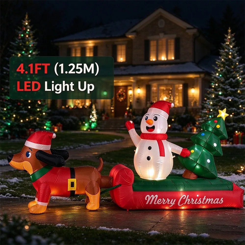 Christmas Inflatable Dachshund Dog Sled with Snowman & Tree, LED Blow Up Yard Decor
