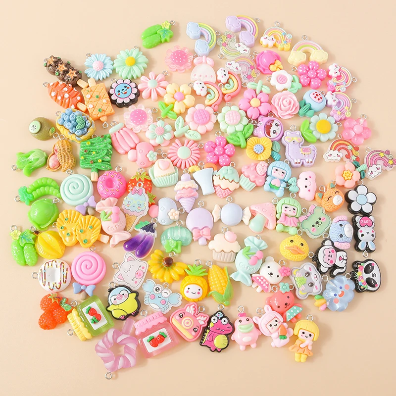 Random Mix 10/20pcs Colorful Resin Charms Cute Imitation Animal Fruit Food Series Pendant For DIY Jewelry Making Accessories