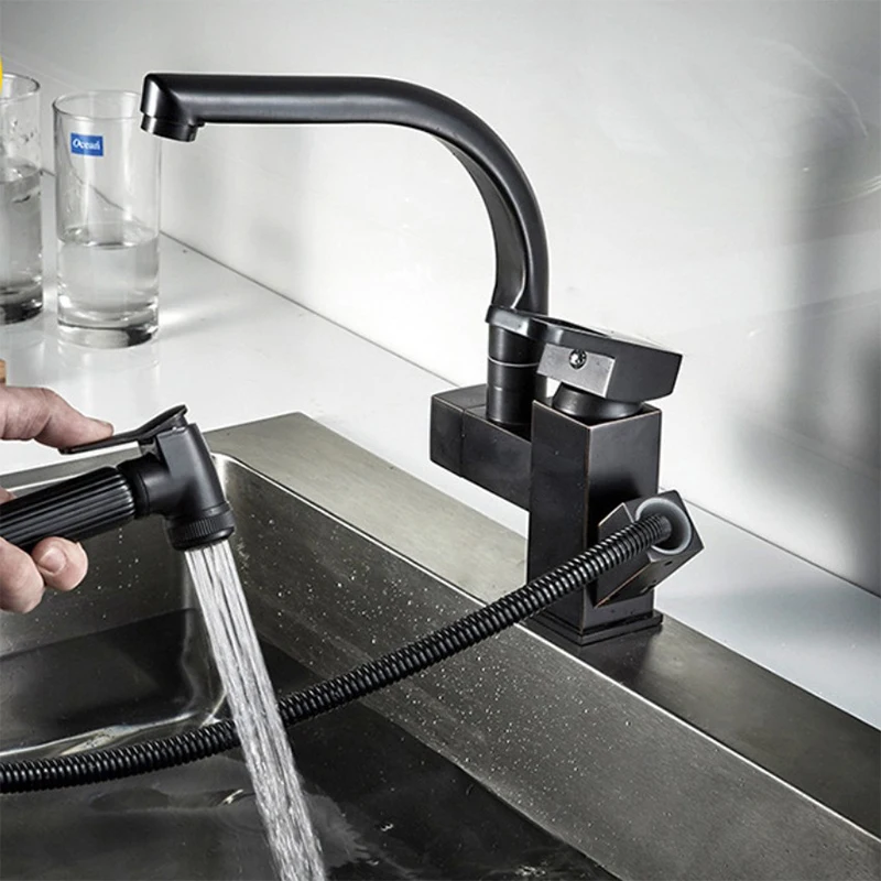 

Black Bathroom Washbasin Faucet Pull Out Kitchen Sink Faucet With Spray Gun Hot Cold Wate Mixer Tap Deck Mounted Accessories