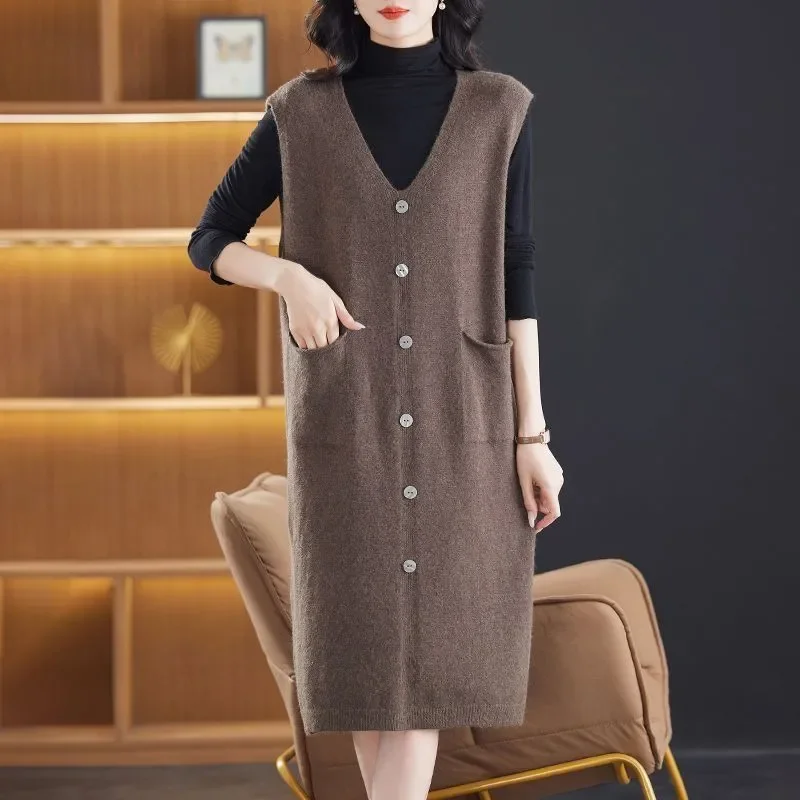 Rompi Rajut Panjang Sedang Model Oversize Cardigan Dress Sweater Vest Tanpa Lengan Longgar Baru