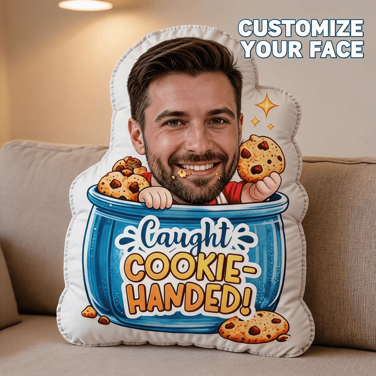 Custom Face Caught Cookie-Handed Shaped Pillow, Personalized Photo Funny for Man in Jar Decorative Cushion, Unique Home Decor Ac