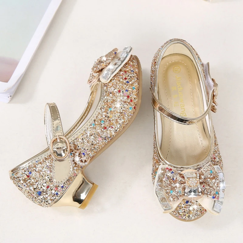 Children\'s Bow Sequins Shallow Mouth Crystal Shoes Girls Performance Stage Crystal Shoes Girls Round Head Short Heel Shoes