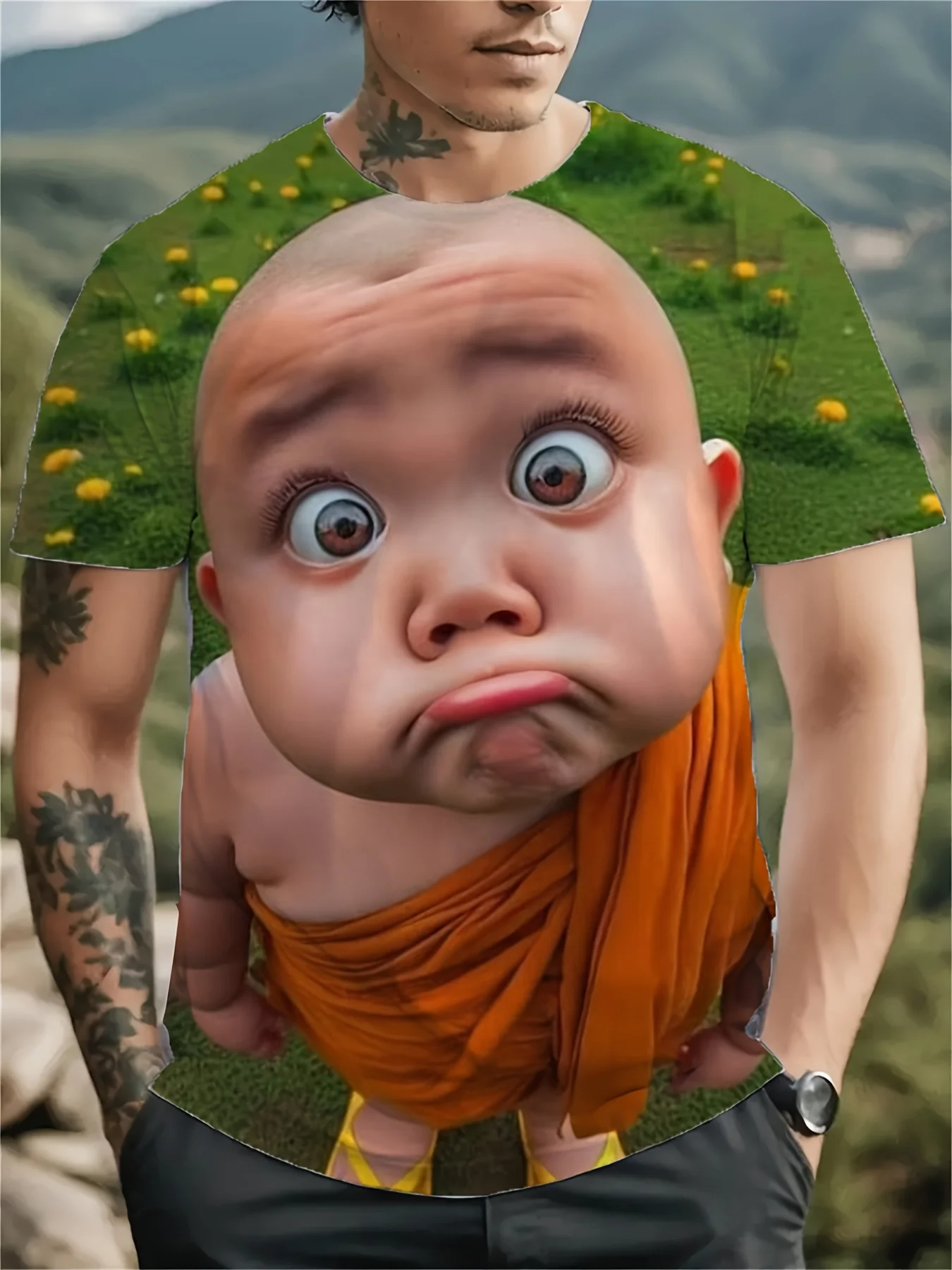 Men Green Grass Cartoon Little Monk Print T-shirt O-neck Short Sleeve Funny Casual Street Tops