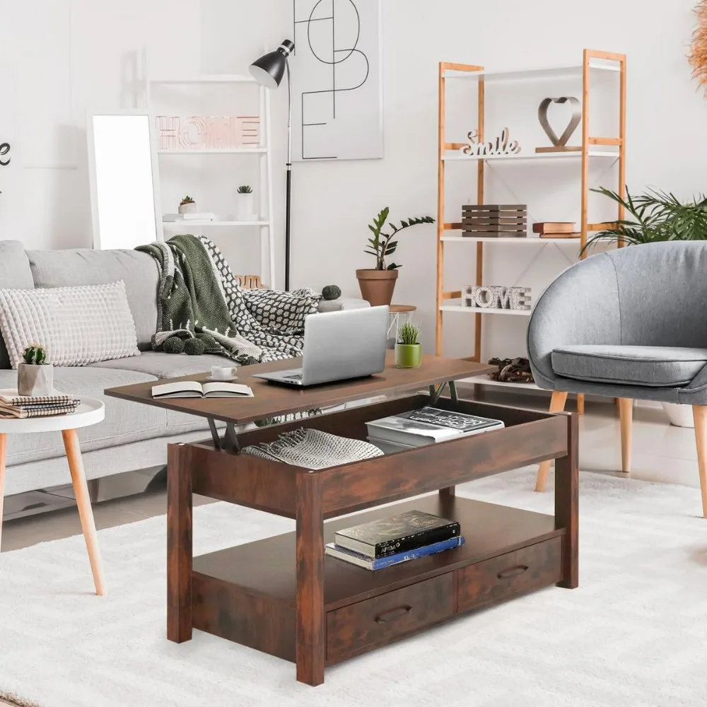 

Lift Top Coffee Table with Hidden Compartment & 2 Storage Shelves - Living Room Dining Table with Rising Tabletop Lifttop Desk f
