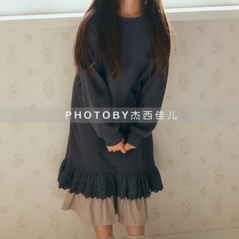 الفتيات الخريف الشتاء الهراء فستان 2025 جديد الكورية المألوف بسيط عادية اليومية بلون المرقعة فستان بكم طويل #1