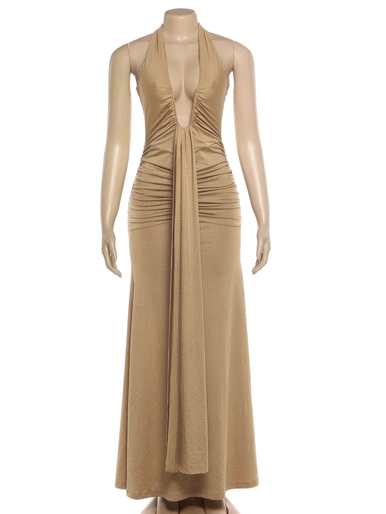 Kliou sexy vestido brilhante mulher bandagem halter baixo pescoço sem mangas sem costas fita decoração meia-noite festa de formatura longo bodycon