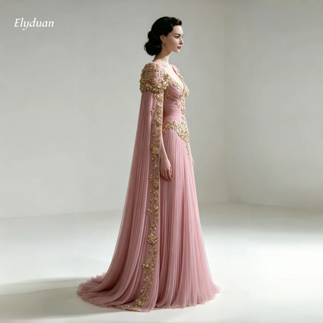 Elegant Blush Pink Pleated Evening Dress V Neck Gold Floral Lace Appliques Cape Sleeve Mermaid Prom Formal Gown Customized