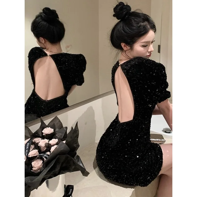 Korejpaa Sexy Dress Women Korean Style Backless Black Dresses Spring Summer Sequin Short Sleeve Slim Waist Vestidos Femme