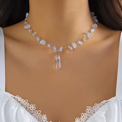 PuRui Irregular Clear White Color Chip Beads Necklace Natural Stone Women Choker With Crystal Pendant Fashion Jewelry Party Gift