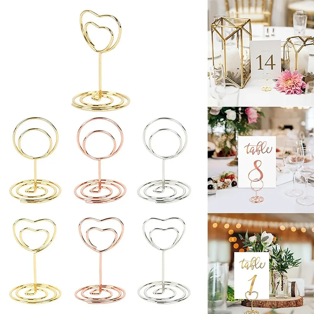 1pcs Duplo Coração Forma Metal Memo Titular Tabela Placecard Titular Foto Clip Card Stand Casamento Banquete Coração Mensagem Titular