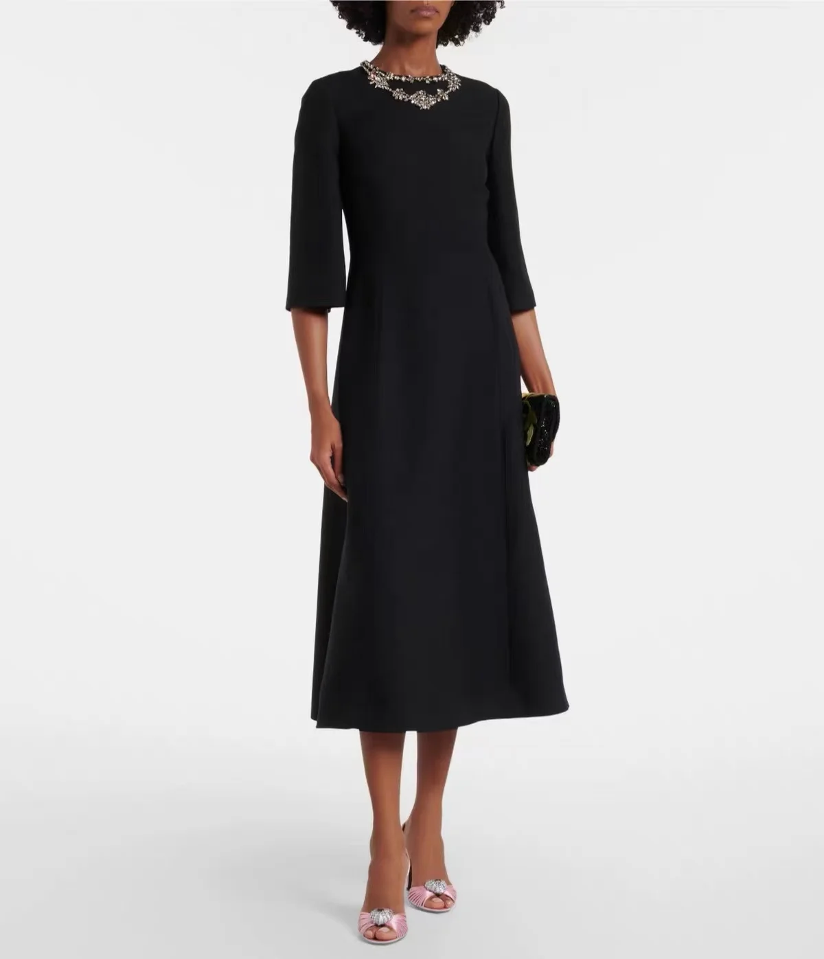 Premium Silk Wool Mint Green Women Midi Dress Rhinestone Embellished Neckline Black Formal Evening Gown