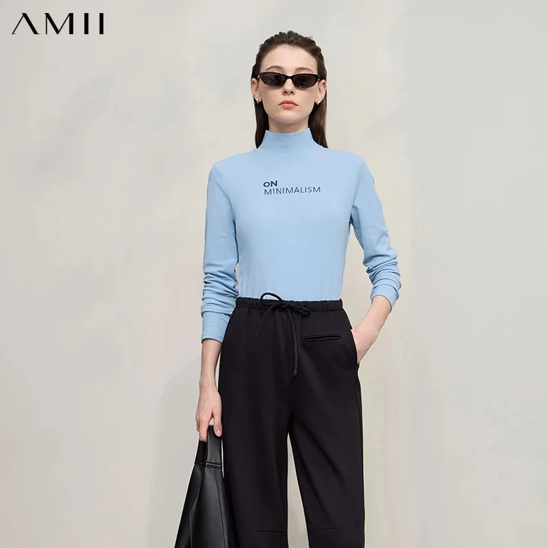 AMII Women's T-shirt 2026 Autumn New Casual Versatile Top Women Turtleneck Letter Embroidery Long Sleeves Ladies Tops 12524058
